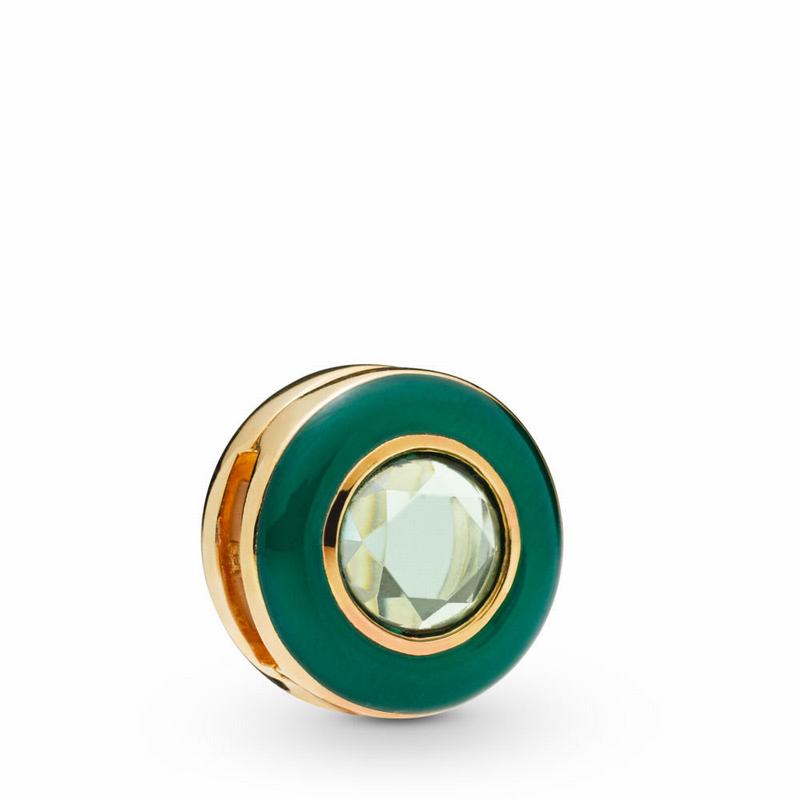 Pandora Reflexions™ Radiant Circle Clip Charm - 18ct Gold Plated/Enamel/Green/Crystal - Canada | OA7